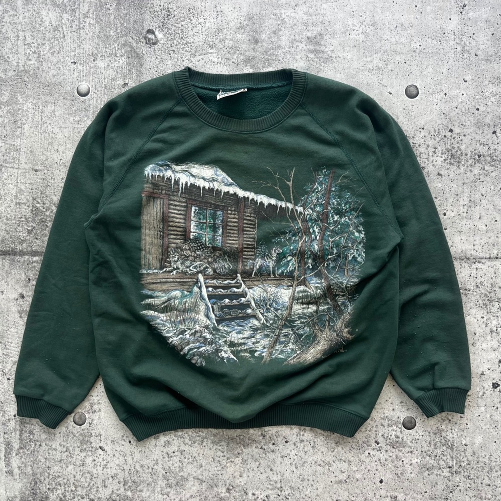 Vintage Northern Elements Sweatshirt Women XL Green Cabin Wolf Nature Winter 90s